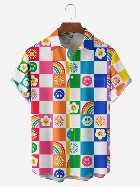 

Checkered Smile Chest Pocket Short Sleeve Casual Shirt, White, Men Shirts