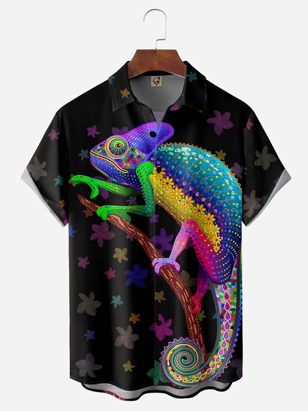 

Chameleon Chest Pocket Short Sleeve Hawaiian Shirt, Black, Men Shirts