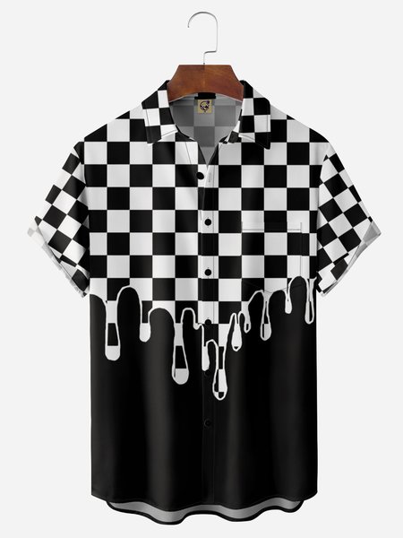 

Checkerboard Chest Pocket Short Sleeve Casual Shirt, Black, Men Shirts