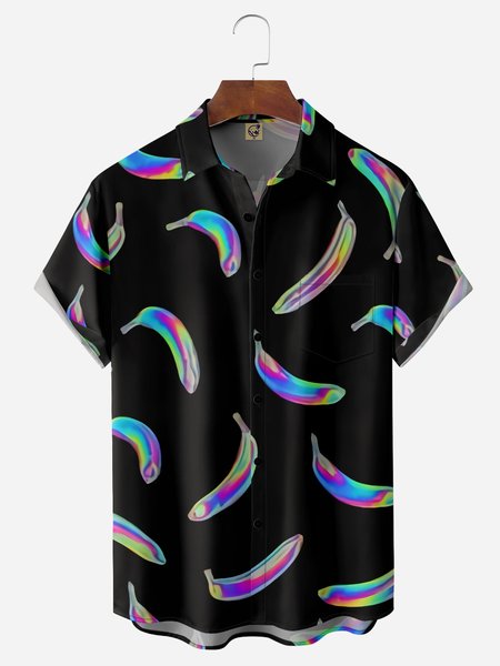 

Fruit Banana Chest Pocket Short Sleeve Hawaiian Shirt, Black, Men Shirts