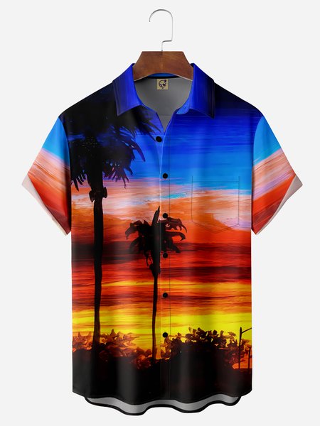 

Coconut Tree Painting Chest Pocket Short Sleeve Hawaiian Shirt, Blue, Men Shirts