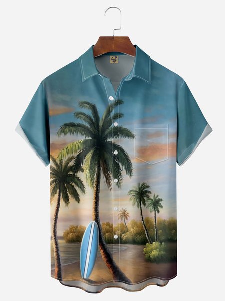 

Palm Tree Chest Pocket Short Sleeve Hawaiian Shirt, Blue, Men Shirts