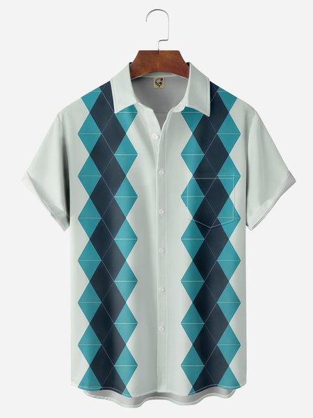 

Geometric Diamond Chest Pocket Short Sleeve Bowling Shirt, Green, Men Shirts