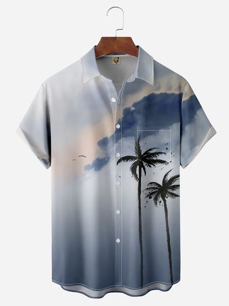 

Palm Tree Chest Pocket Short Sleeve Hawaiian Shirt, Blue, Men Shirts