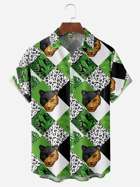 

Leopard Print Chest Pocket Short Sleeve Hawaiian Shirt, Green, Men Shirts