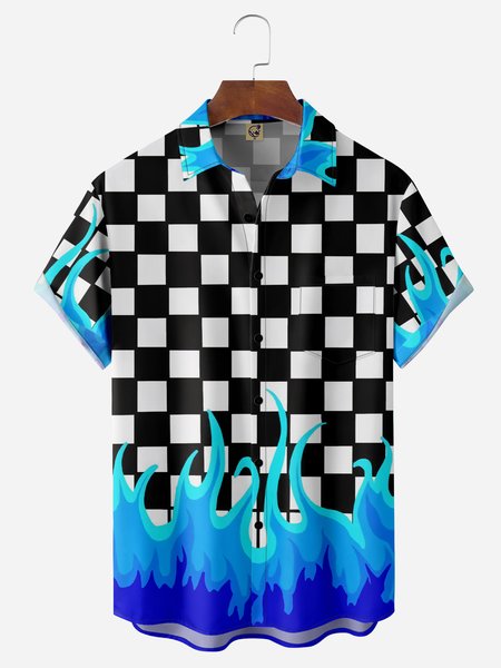 

Checkerboard Flame Chest Pocket Short Sleeve Casual Shirt, Black, Men Shirts