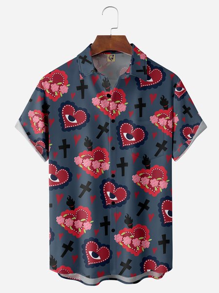 

Love and Cross Chest Pocket Short Sleeve Casual Shirt, Grey-blue, Men Shirts
