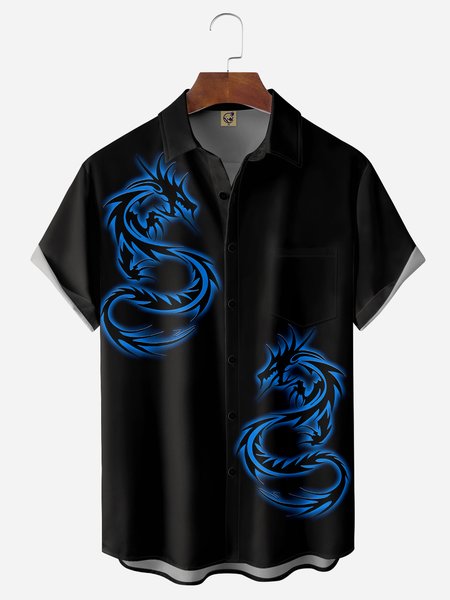 

Artistic Dragon Pattern Chest Pocket Short Sleeve Casual Shirt, Black, Men Shirts
