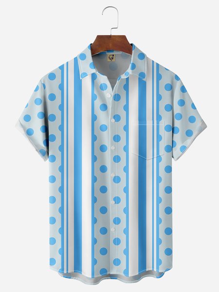 

Polka Dot Stripe Chest Pocket Short Sleeves Casual Shirt, Blue, Men Shirts