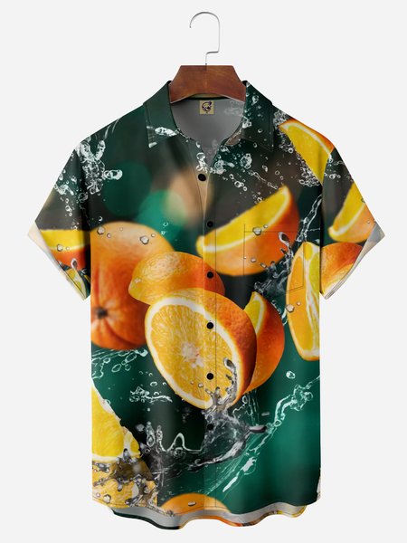 

Refreshing Fruit Chest Pocket Short Sleeve Hawaiian Shirt, Green, Men Shirts
