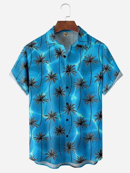 

Coconut Tree Chest Pocket Short Sleeve Hawaiian Shirt, Blue, Men Shirts
