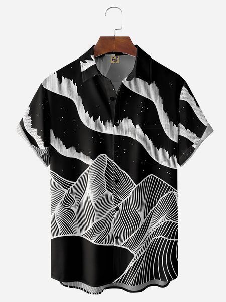 

Geometric Line Drawing Chest Pocket Short Sleeve Casual Shirt, Black, Men Shirts