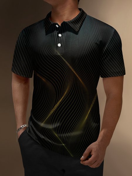 

3D Abstract Black Gold Geometric Button Short Sleeve Polo Shirt, Polo Shirts