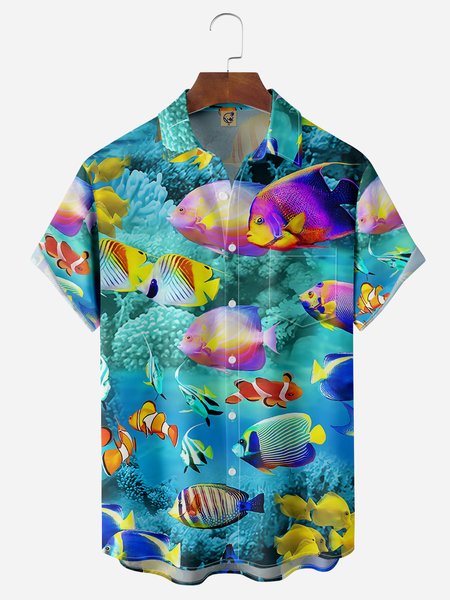 

Sea Life Chest Pocket Short Sleeve Hawaiian Shirt, Blue, Men Shirts