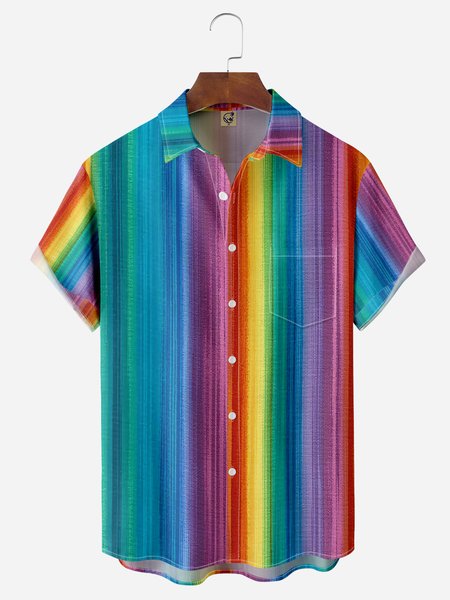 

Colorful Stripe Chest Pocket Short Sleeve Casual Shirt, Blue, Men Shirts