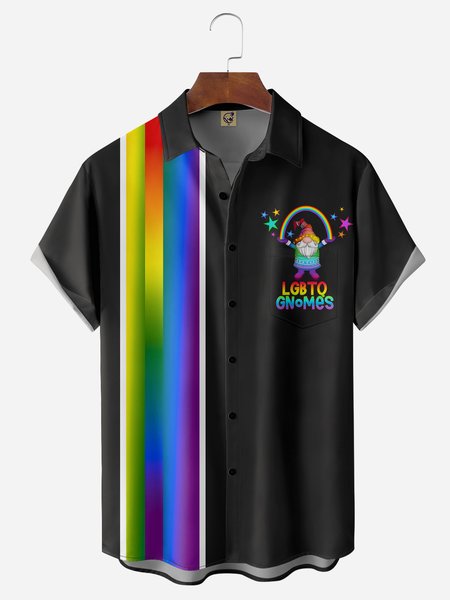 

LGBT Gnomes Chest Pocket Short Sleeve Bowling Shirt, Black, Men Shirts
