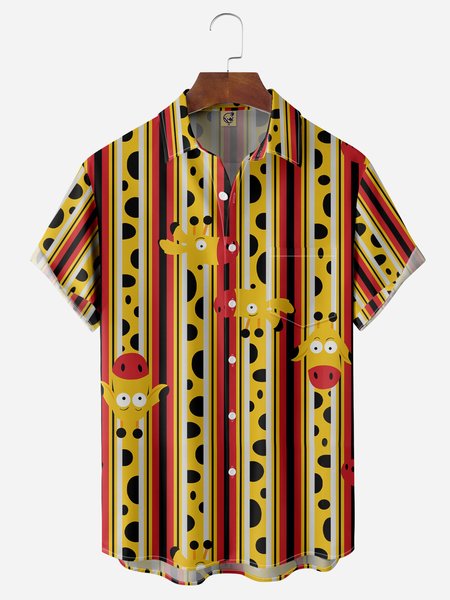

Fun Giraffe Stripe Chest Pocket Short Sleeve Casual Shirt, Yellow, Men Shirts