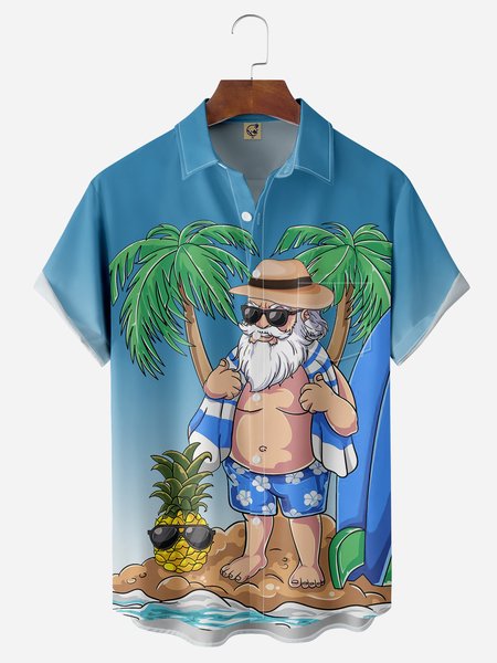 Coconut Tree Gnomes Chest Pocket Short Sleeve Hawaiian Shirt, Blue, Men Shirts
