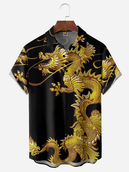 

Artistic Dragon Pattern Chest Pocket Short Sleeve Casual Shirt, Black, Men Shirts