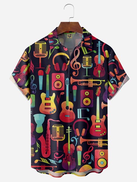 

Music Notes Chest Pocket Short Sleeve Casual Shirt, Black, Men Shirts