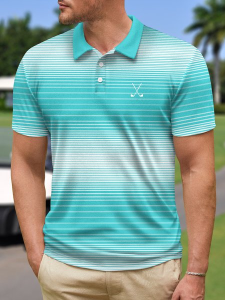 

Striped Button Short Sleeve Golf Polo Shirt, Lightgreen, Polo Shirts