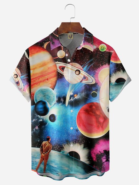 

Universe Planets Chest Pocket Short Sleeve Casual Shirt, Blue, Men Shirts