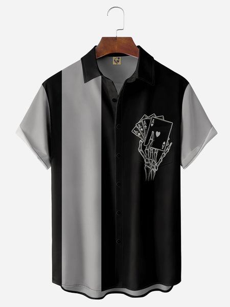 

Poker Cards Chest Pocket Short Sleeve Bowling Shirt, Black, Men Shirts