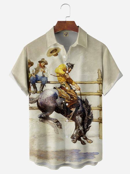 

Western Cowboy Chest Pocket Short Sleeve Casual Shirt, Brown, Men Shirts