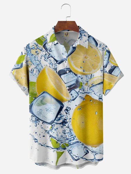 

Refreshing Lemon Chest Pocket Short Sleeve Hawaiian Shirt, White, Men Shirts