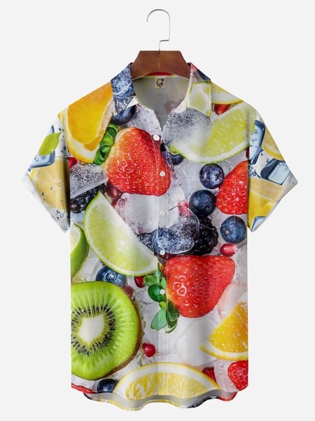 

Refreshing Fruit Chest Pocket Short Sleeve Hawaiian Shirt, White, Men Shirts