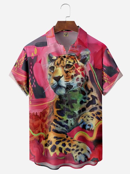 

Leopard Chest Pocket Short Sleeve Hawaiian Shirt, Pink, Men Shirts