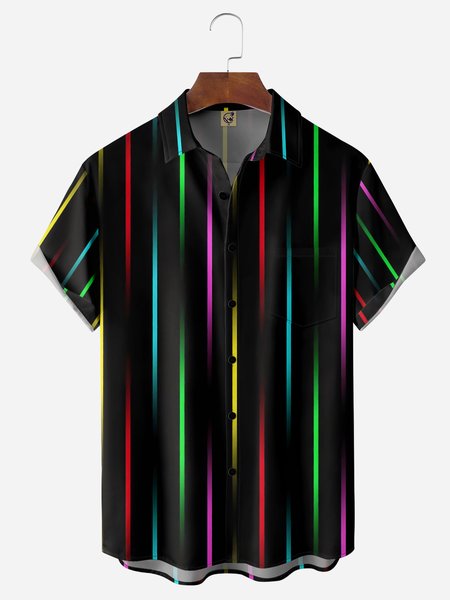 

Color Striped Chest Pocket Short Sleeve Casual Shirt, Black, Men Shirts