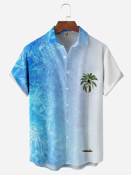 

Cool Ice Coconut Tree Chest Pocket Short Sleeve Hawaiian Shirt, Blue, Men Shirts
