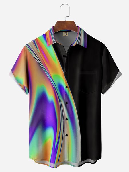 

Gradient Color Print Chest Pocket Short Sleeve Casual Shirt, Black, Men Shirts
