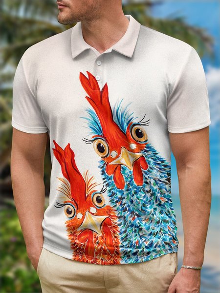 

Fun Rooster Button Down Short Sleeve Polo Shirt, Off white, Polo Shirts