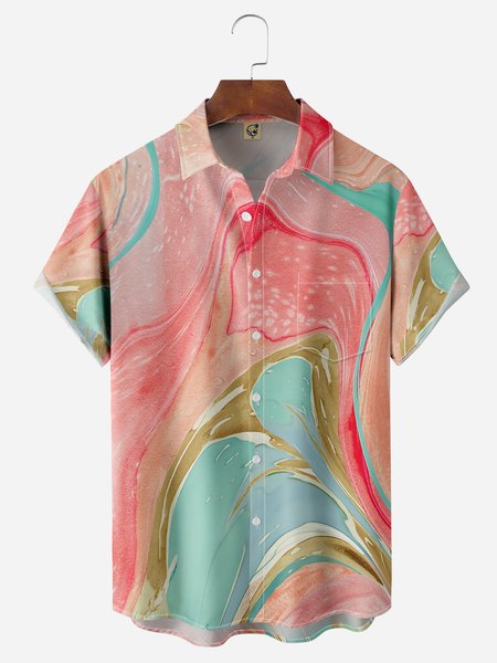 

Art Geometry Chest Pockets Short Sleeves Casual Shirts, Pink, Men Shirts