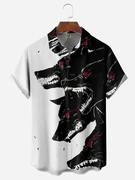 

Wolf Print Chest Pocket Short Sleeves Casual Shirts, White, Men Shirts