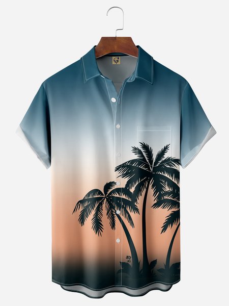 

Coconut Tree Chest Pocket Short Sleeve Hawaiian Shirt, Blue, Men Shirts