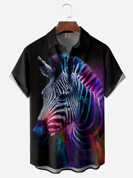 

Zebra Chest Pocket Short Sleeve Casual Shirt, Black, Men Shirts
