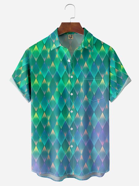 

Geometric Diamond Chest Pocket Short Sleeve Casual Shirt, Green, Men Shirts