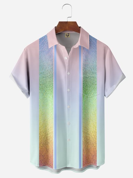 

Ombre Geometric Chest Pocket Short Sleeve Bowling Shirt, Lavender, Men Shirts