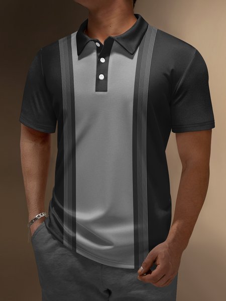 

Geometric Button Short Sleeve Bowling Polo Shirt, Black, Polo Shirts