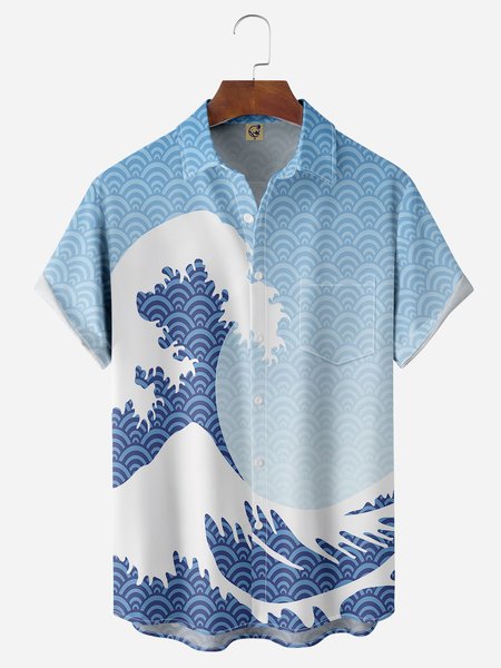 

Ukiyo-e Chest Pocket Short Sleeve Hawaiian Shirt, Blue, Men Shirts