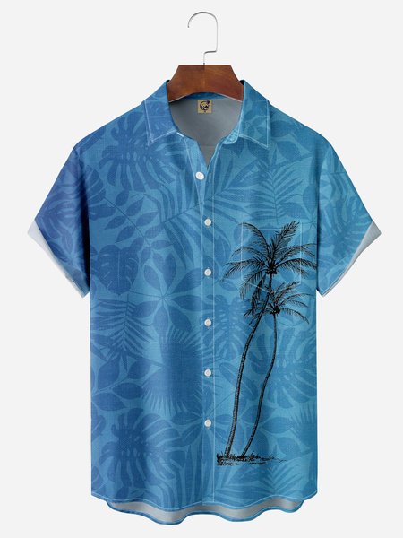 

Palm Tree Chest Pocket Short Sleeve Hawaiian Shirt, Blue, Men Shirts