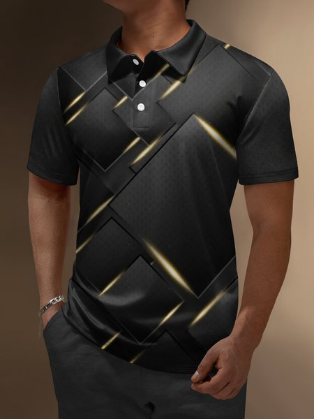 

3D Gradient Geometric Black Gold Button Short Sleeve Polo Shirt, Polo Shirts