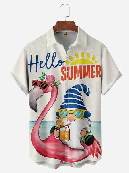 

Flamingo Gnomes Chest Pocket Short Sleeve Hawaiian Shirt, Off white, Men Shirts