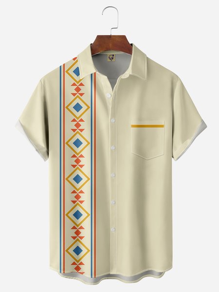 

Geometric Chest Pocket Short Sleeve Bowling Shirt, Light khaki, Men Shirts