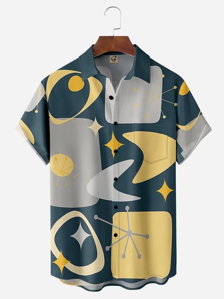 

Mid Century Geometry Chest Pocket Short Sleeve Shirt, Blue, Men Shirts