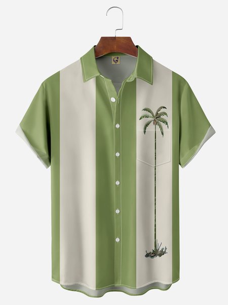 

Coconut Tree Chest Pocket Short Sleeve Bowling Shirt, Green, Men Shirts