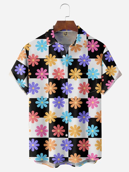 

Floral Checkerboard Chest Pocket Short Sleeve Hawaiian Shirt, White, Men Shirts